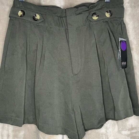 a.n.a Pants - a.n.a New Approach Wear High Waisted Oregano Pleated Shorts Decorative Buttons